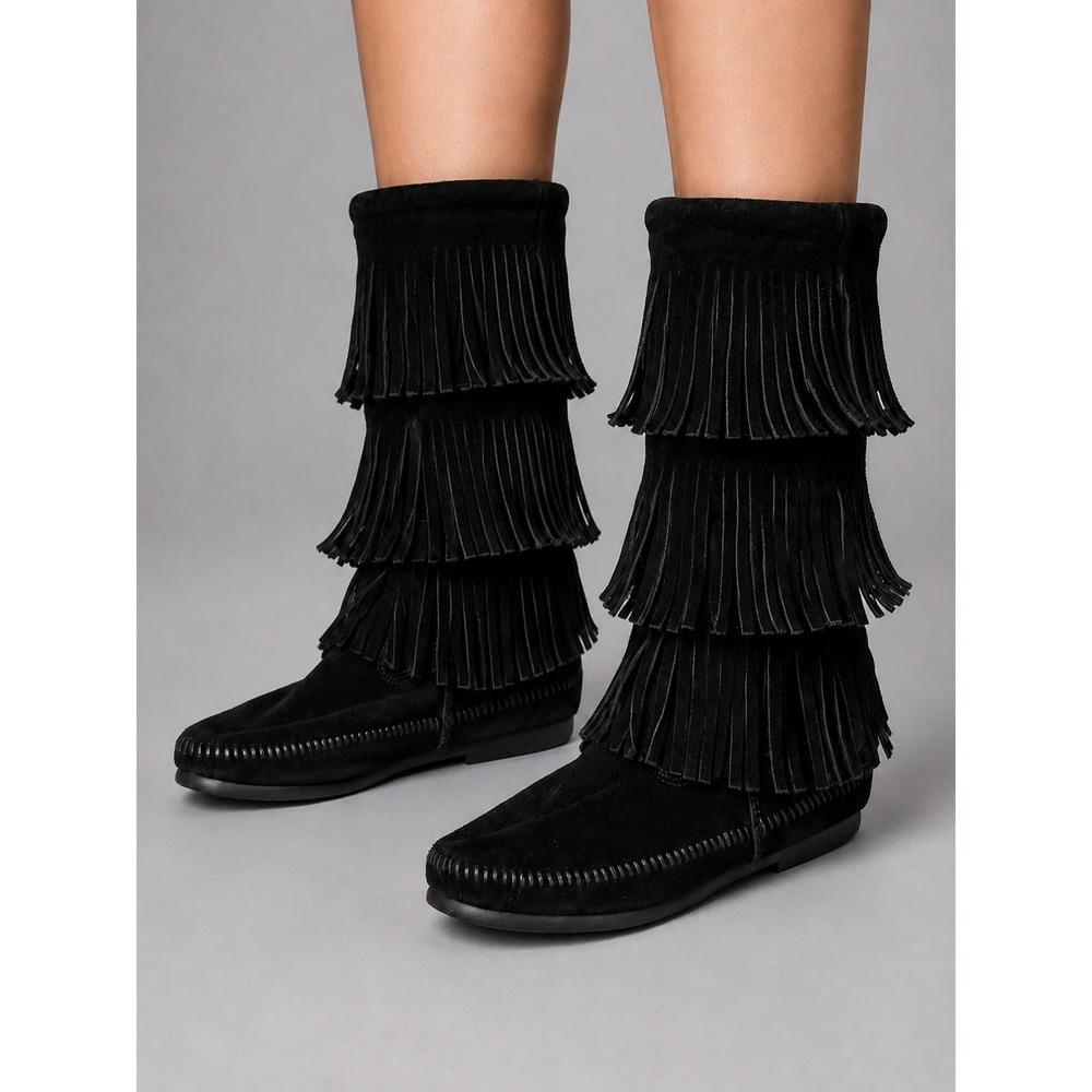 Minnetonka 3-Layer Fringe Boots Women 9 Black Suede Moccasin Boho Festival Fall
